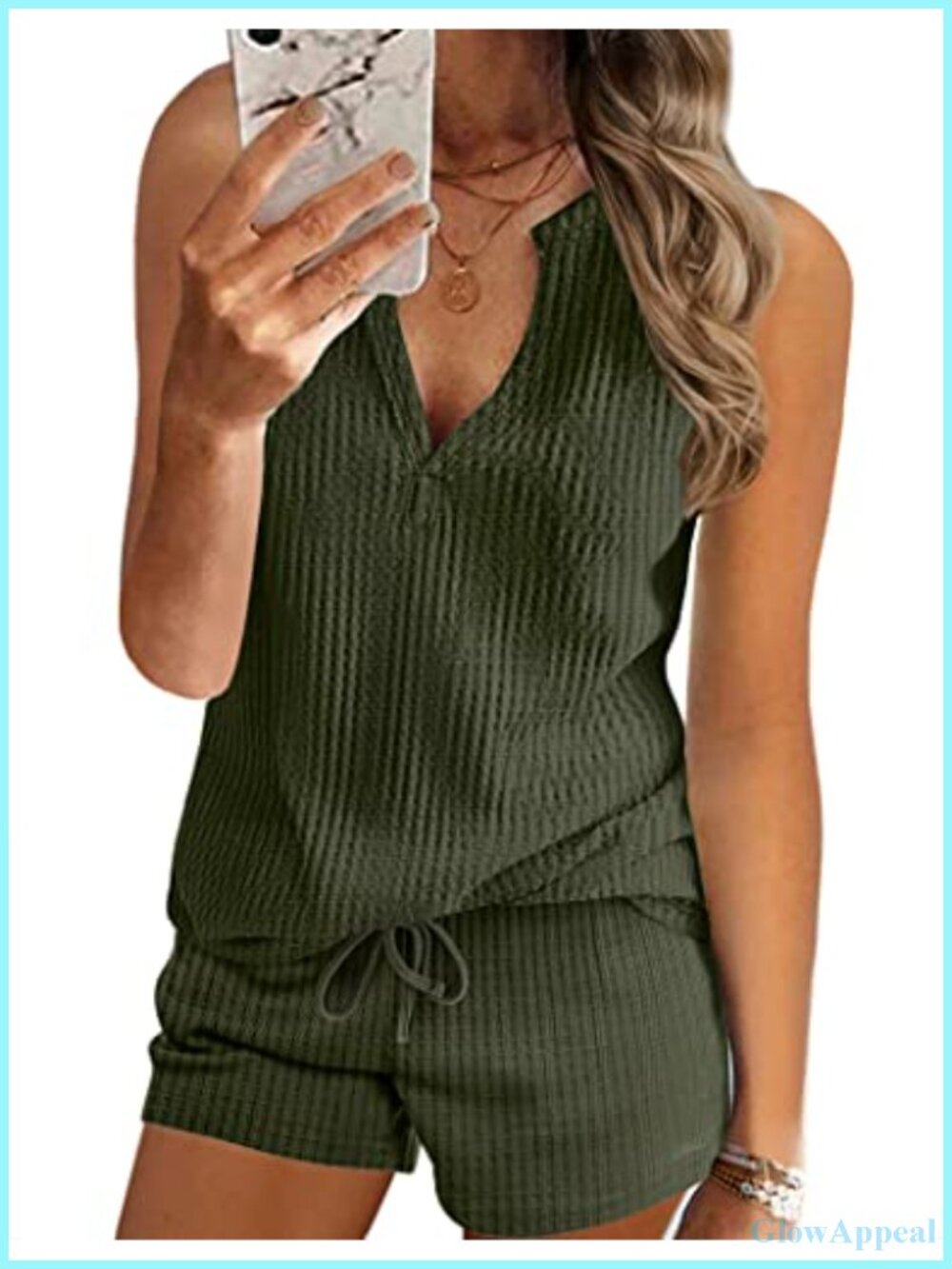 Waffle Knit Two Piece Short Set Sleeveless V Neck Lounge Vacation Outfit